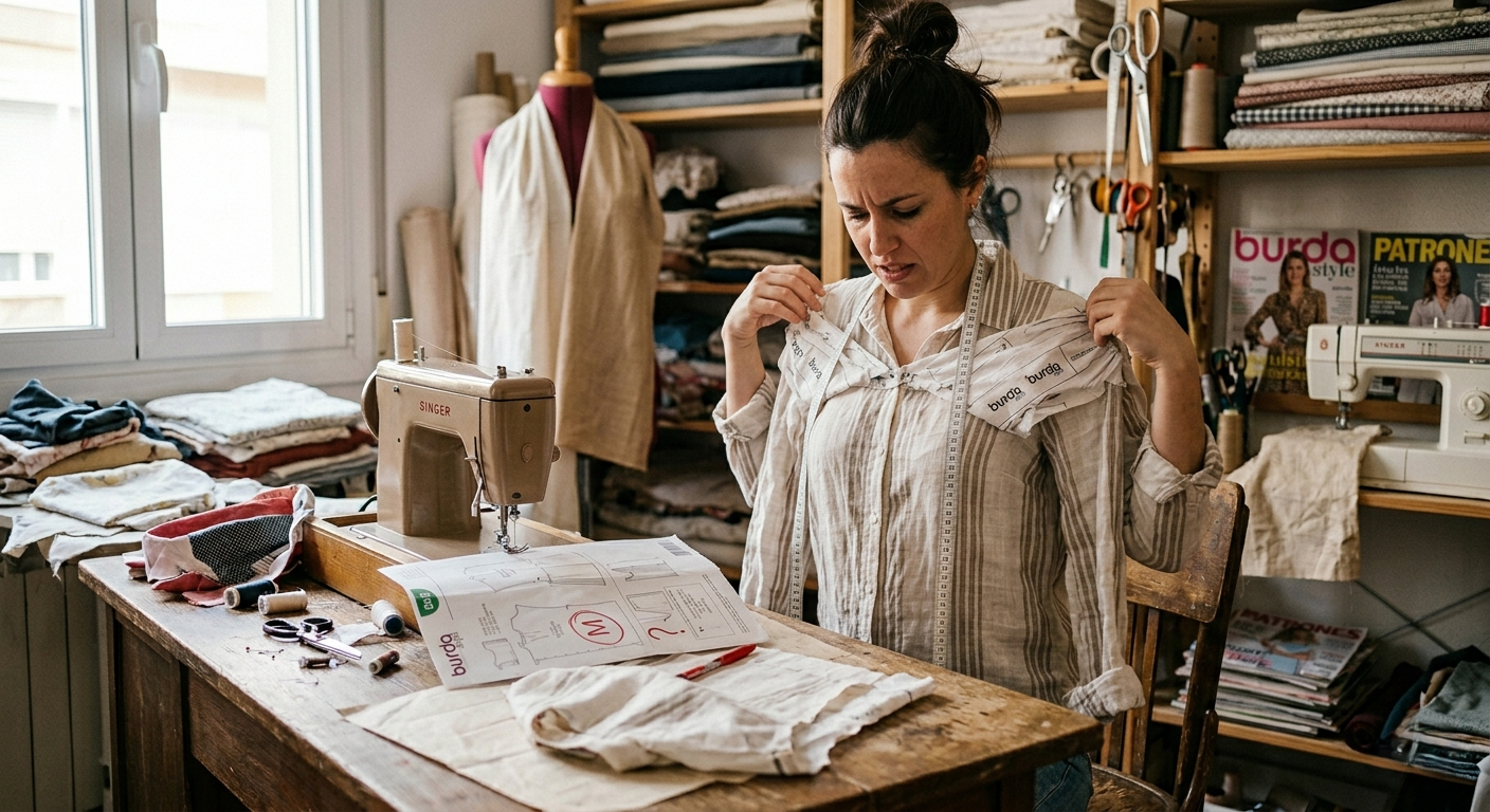 Costurera ajustando un patrón sobre una toile en un taller de moda en Madrid, alta costura Masum Karimi