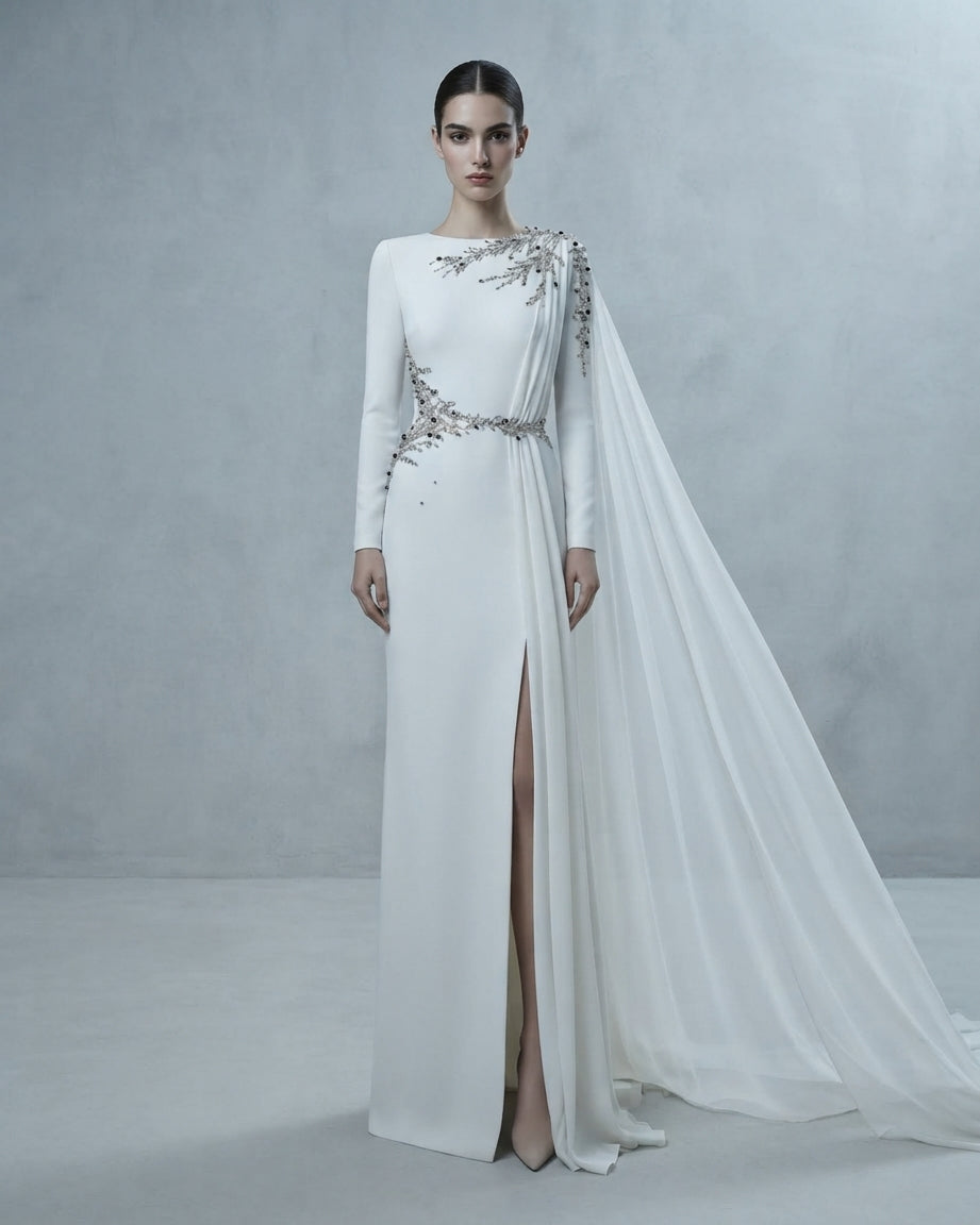 Vestido de novia de manga larga con abertura lateral en la falda, capa trasera fluida y sofisticados detalles de pedrería oscura de la Colección Mara.
