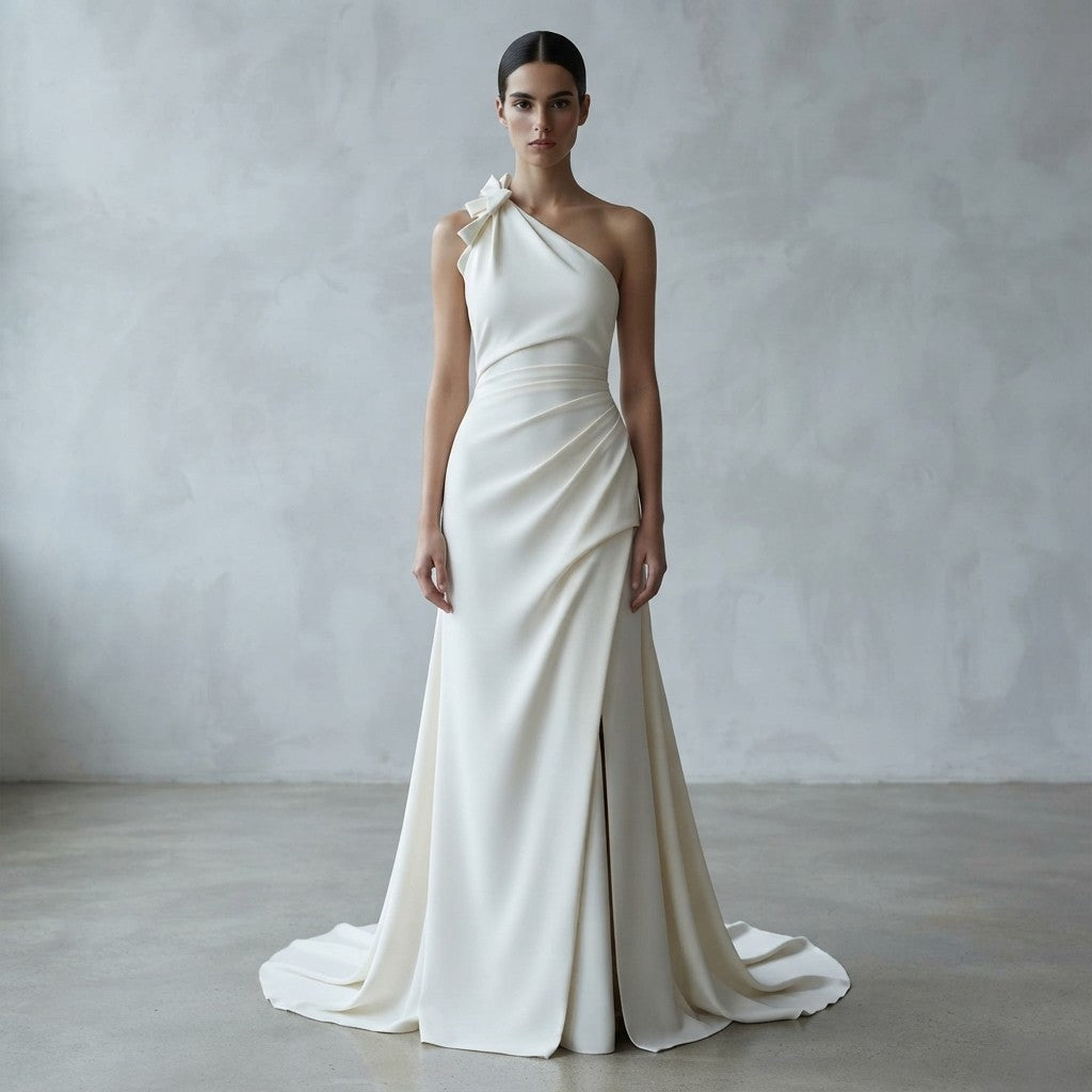 Vestido de novia asimétrico de un solo hombro adornado con un delicado lazo, talle drapeado y apertura en la falda de la Colección Mara.