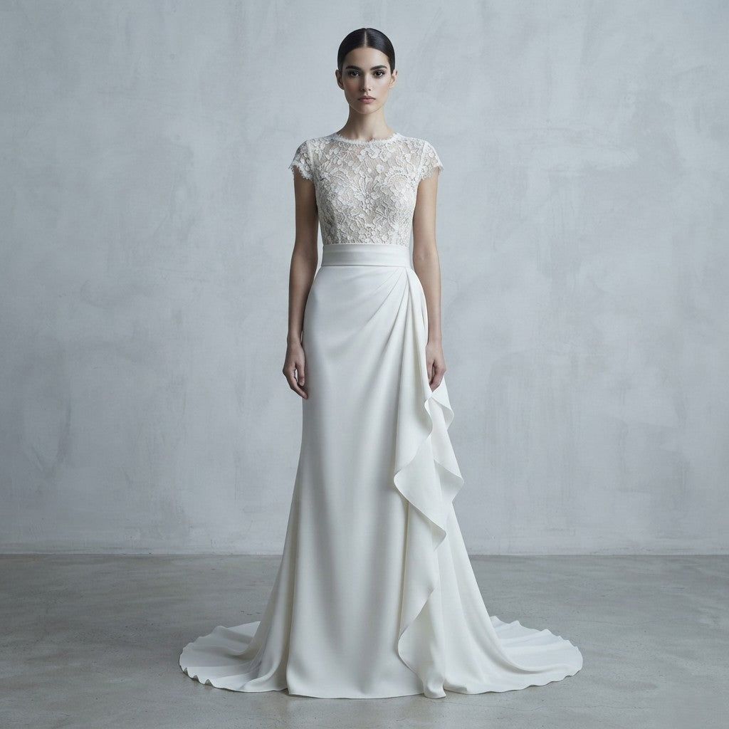 Vestido de novia de corte sirena de la Colección Mara, con cuerpo de encaje y manga corta, fajín satinado y falda con volantes laterales.