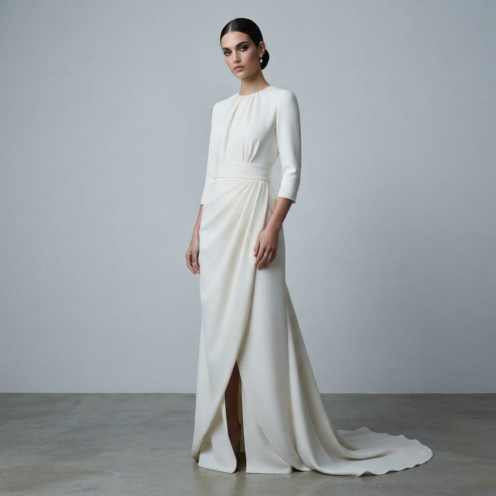 Vestido de novia de manga francesa con cuello redondo plisado, talle ajustado con drapeado lateral y apertura frontal en la falda de la Colección Mara.