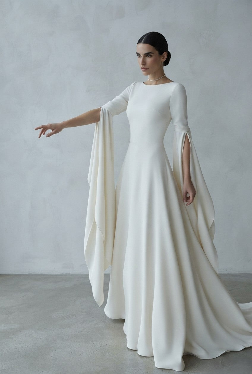 Vestido de novia de manga larga fluida con aberturas laterales, cuello redondo y corte recto de la Colección Mara.