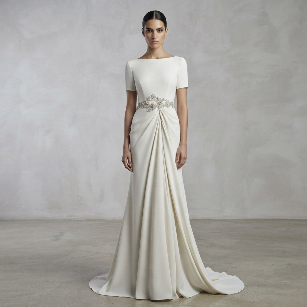 Vestido de novia de manga corta con escote barco, talle drapeado y cinturón de pedrería decorativo de la Colección Mara.