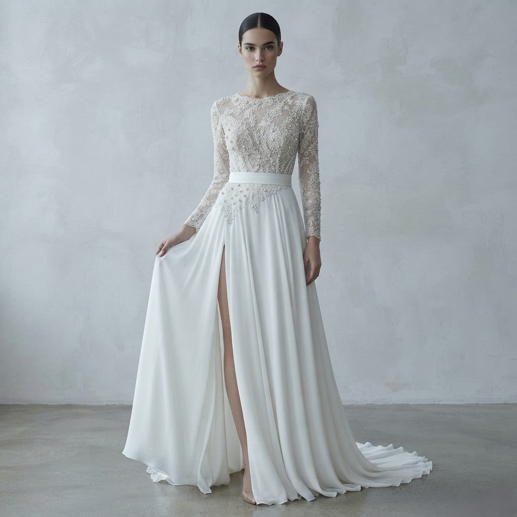 Vestido de novia de manga larga con cuerpo de encaje y pedrería, y falda fluida con abertura lateral pronunciada de la Colección Mara.