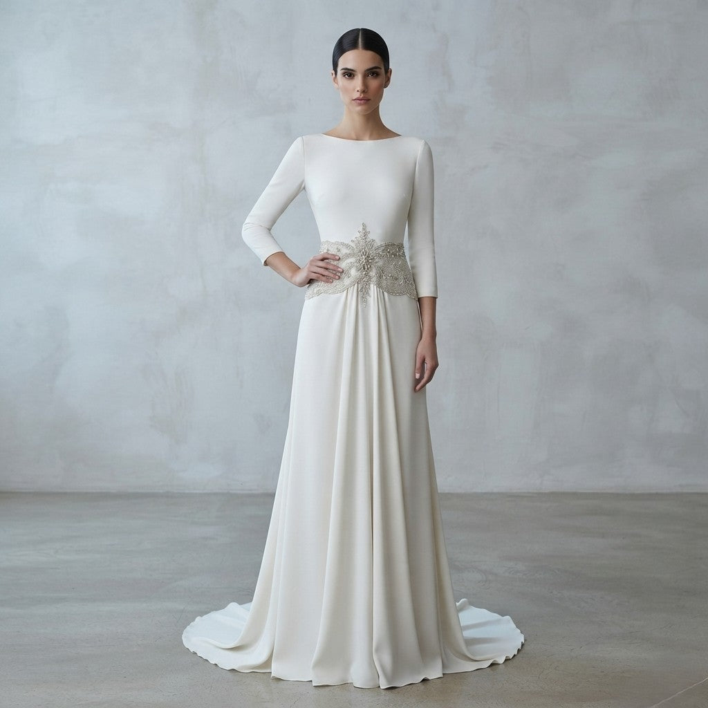 Vestido de novia de manga francesa con escote barco y un llamativo cinturón de pedrería decorativo en el talle de la Colección Mara.
