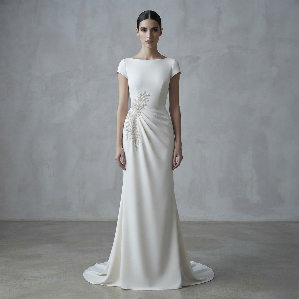 Vista frontal del vestido de novia con cuerpo drapeado, mangas cortas y elegante bordado de pedrería lateral de la Colección Mara.