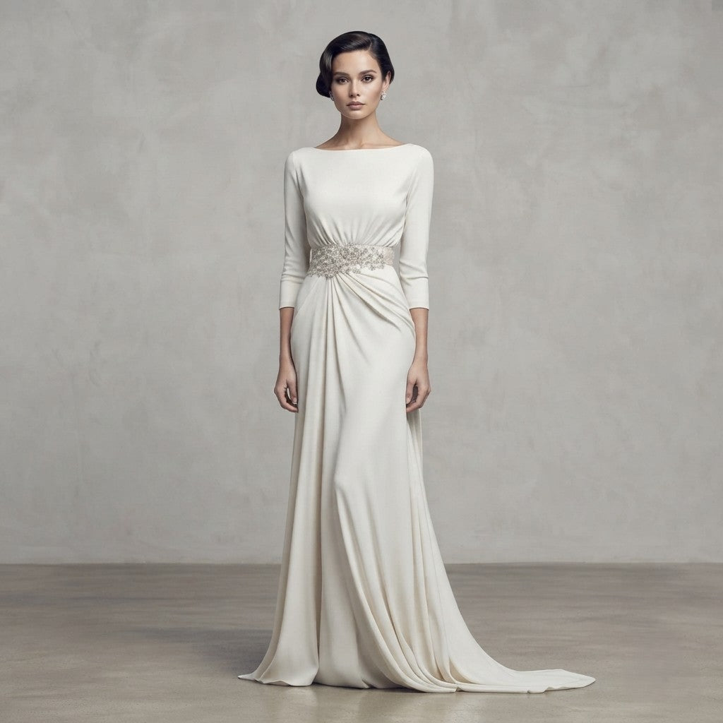 Vestido de novia de manga francesa con escote barco y un sofisticado cinturón de pedrería y cristales de la Colección Mara.