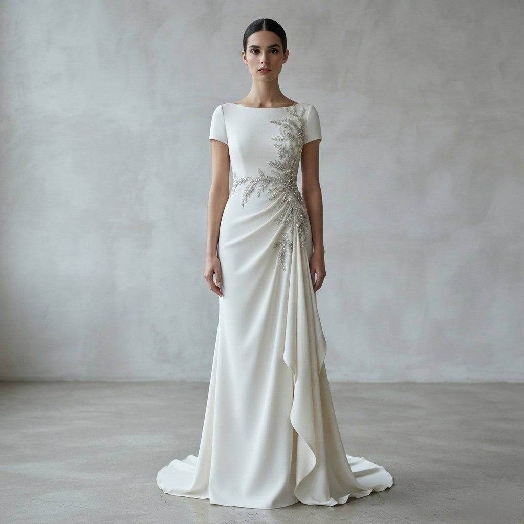 Vestido de novia entallado con escote barco, manguitas cortas y delicados detalles florales de pedrería en el lateral de la Colección Mara.