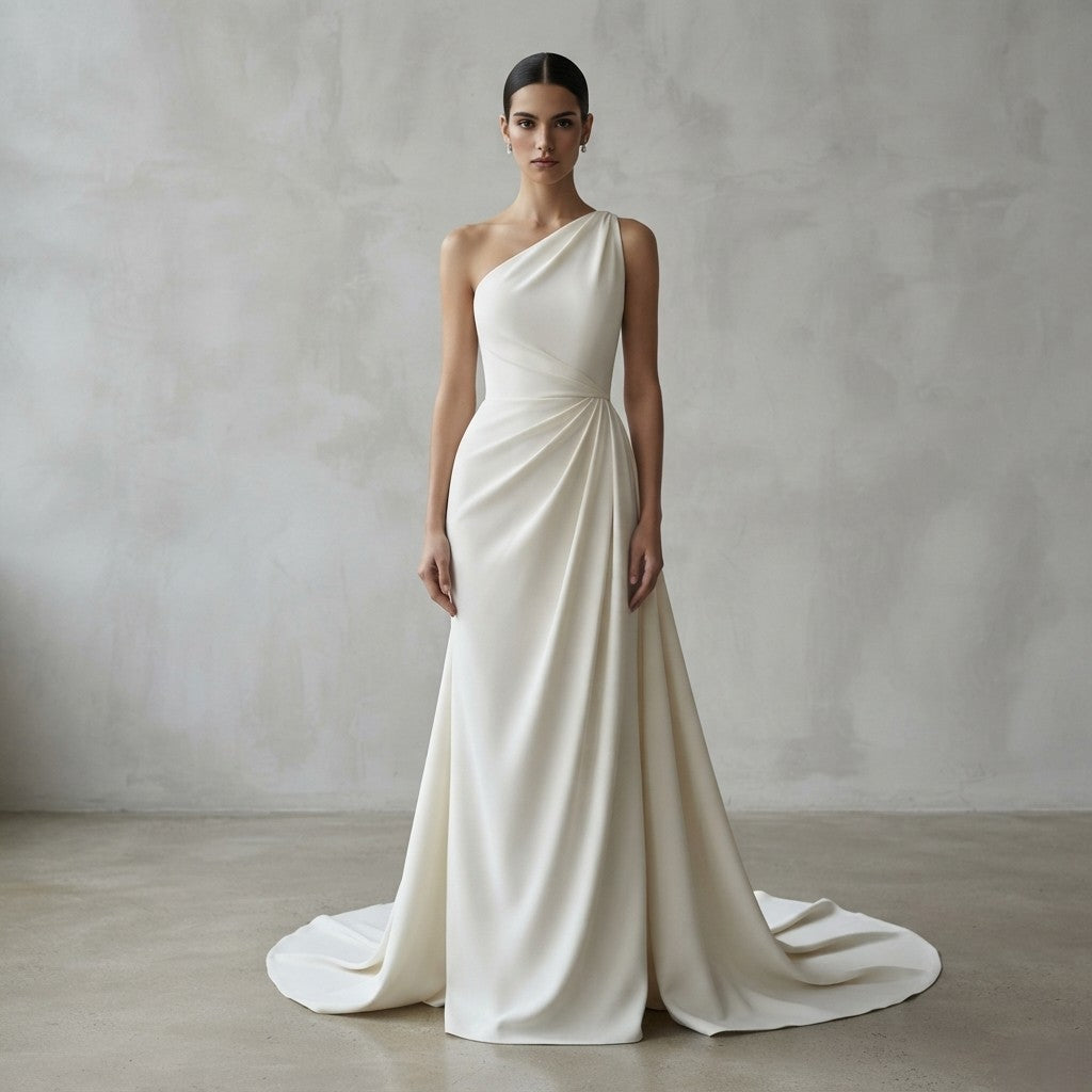 Vestido de novia asimétrico de un solo hombro con silueta drapeada y cola fluida perteneciente a la Colección Mara.