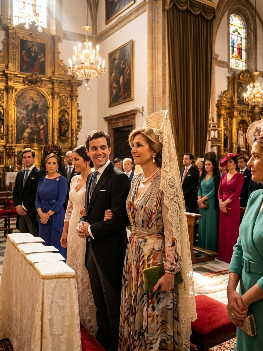 Madrina con mantilla llevando un traje drapeado de alta costura hecho por Masum Karimi
