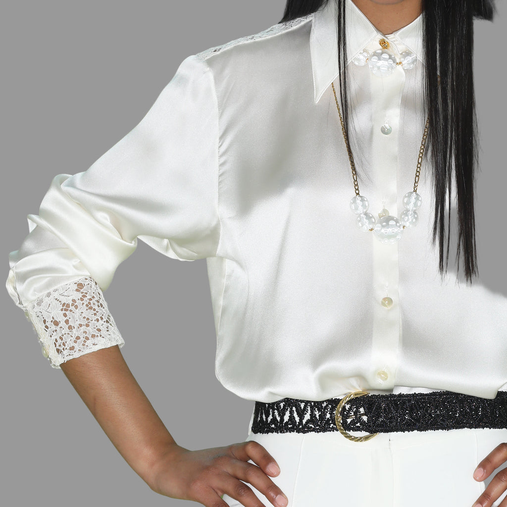 Blusa Seda con Puños de Encaje Blanca - Masum Karimi