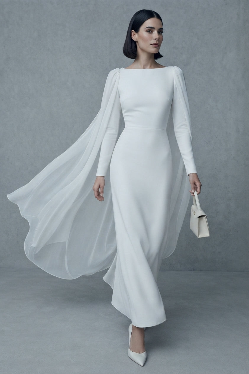 Vestido de novia largo de manga larga con escote barco y capa trasera fluida de gasa transparente de la Colección Alma - Boda Civil.