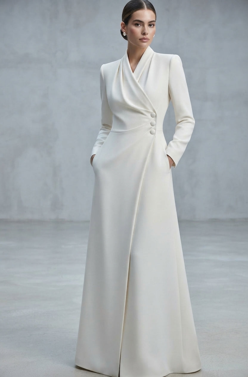 Vestido de novia largo tipo abrigo cruzado de manga larga con solapa esmoquin y botones laterales de la Colección Alma - Boda Civil.