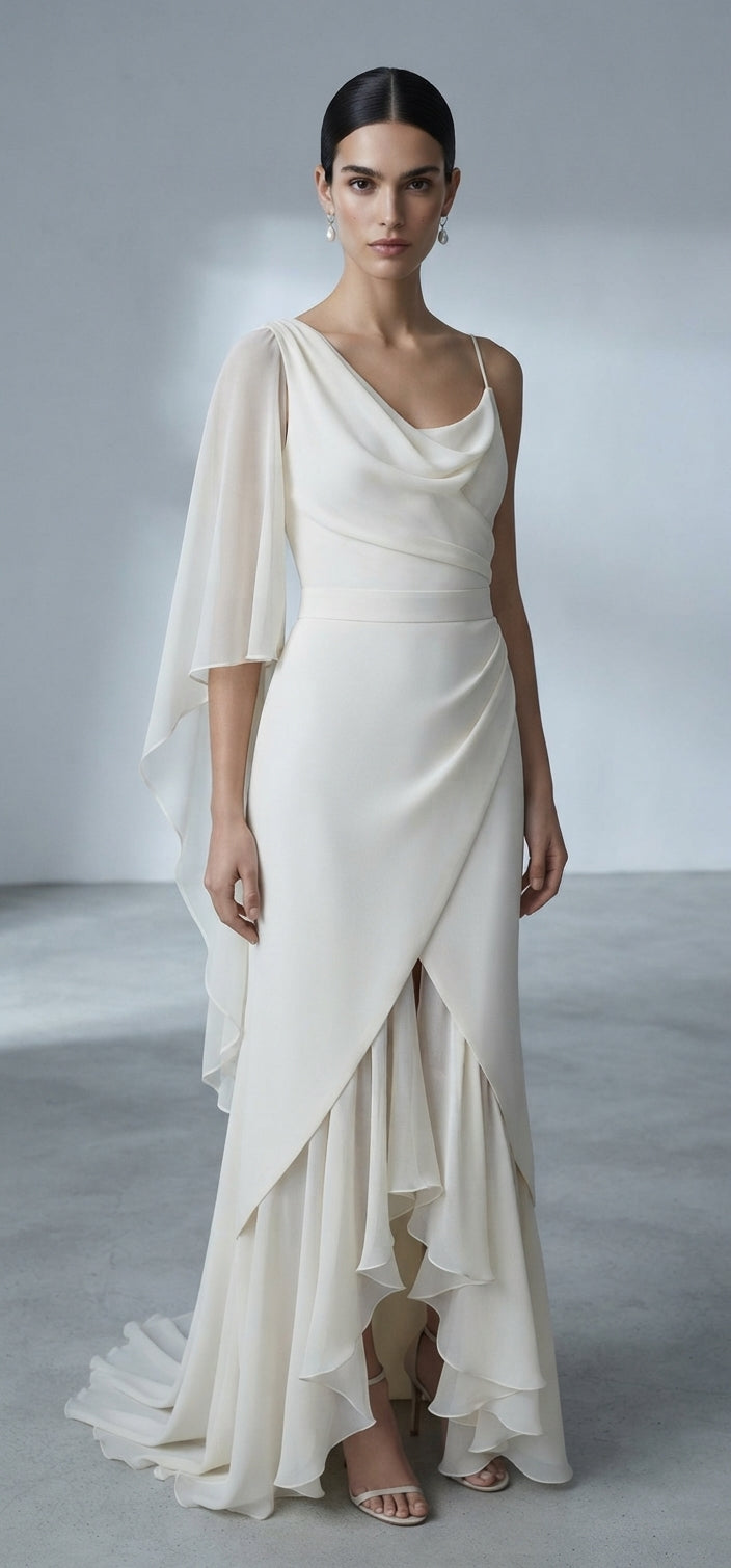 Vestido de novia asimétrico de un solo hombro con manga capa de gasa, cuerpo drapeado y falda midi con volantes escalonados de la Colección Alma - Boda Civil.