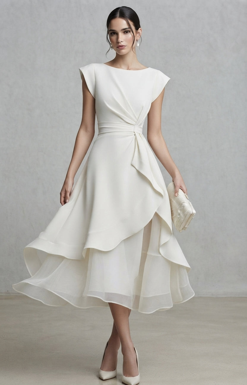 Vestido midi de novia con cuerpo drapeado cruzado, manga corta estilo casquillo y falda de volantes asimétricos escalonados de la Colección Alma - Boda Civil.