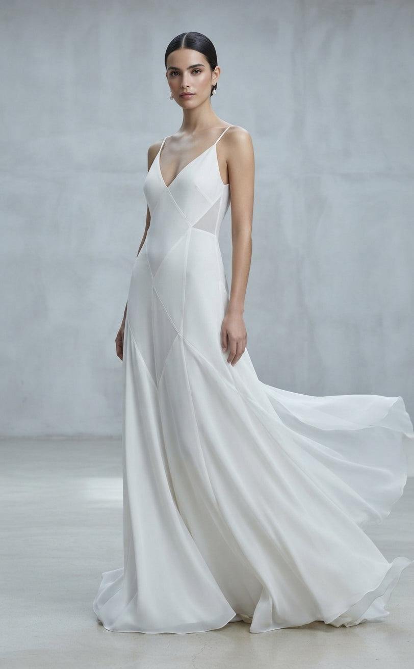 Vestido largo de novia de tirantes con escote en V, costuras geométricas y paneles laterales de gasa transparente de la Colección Alma - Boda Civil.