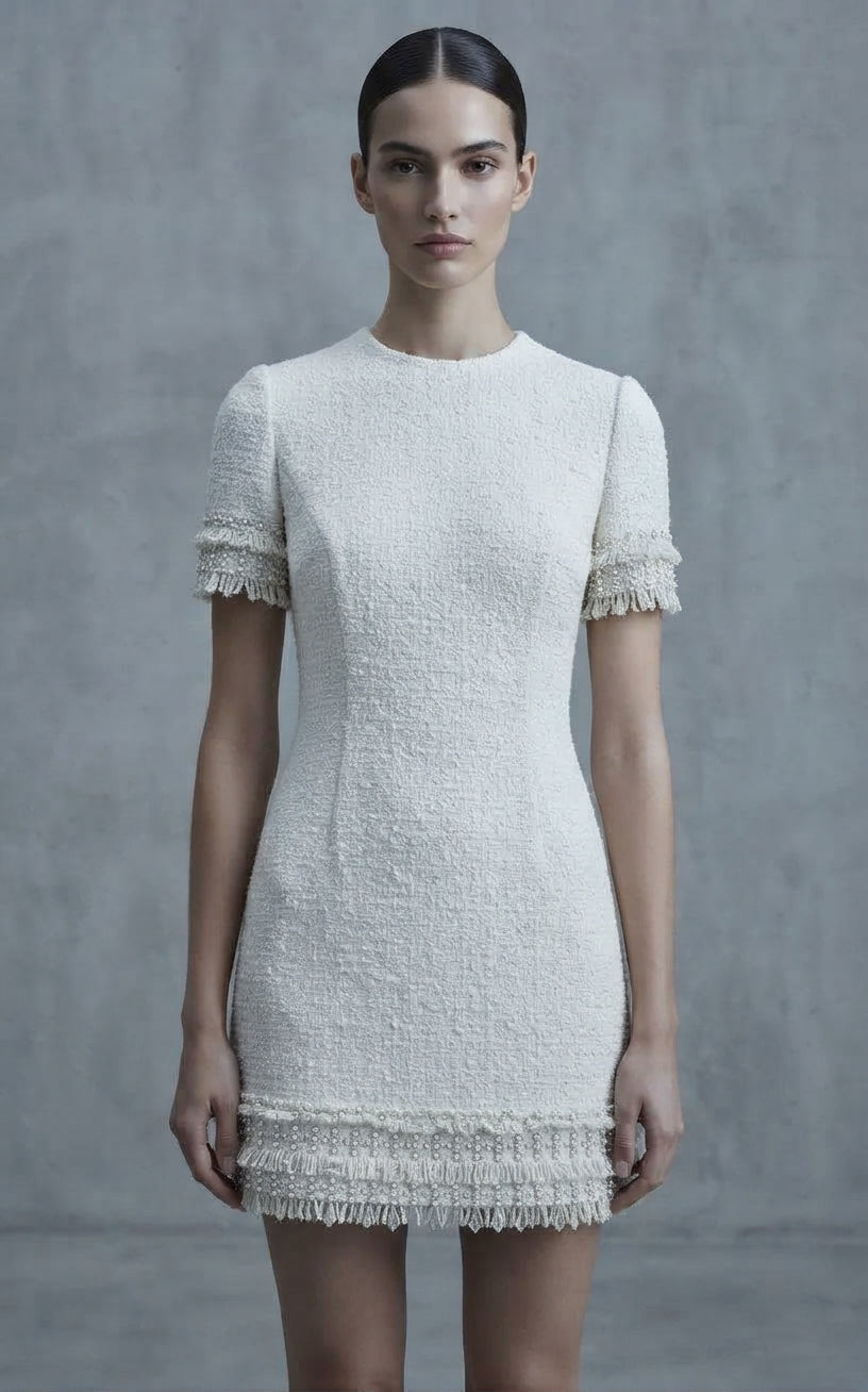 Vestido corto de novia de tejido texturizado con manga corta y detalles de flecos abalorios y pedrería en los puños y el bajo de la Colección Alma - Boda Civil.