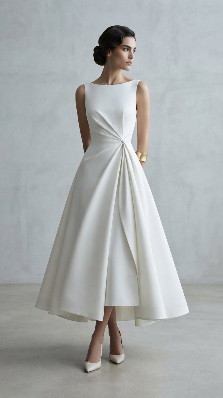 Vestido de novia sin mangas con cuerpo drapeado asimétrico y falda midi de corte evasé de la Colección Alma - Boda Civil.