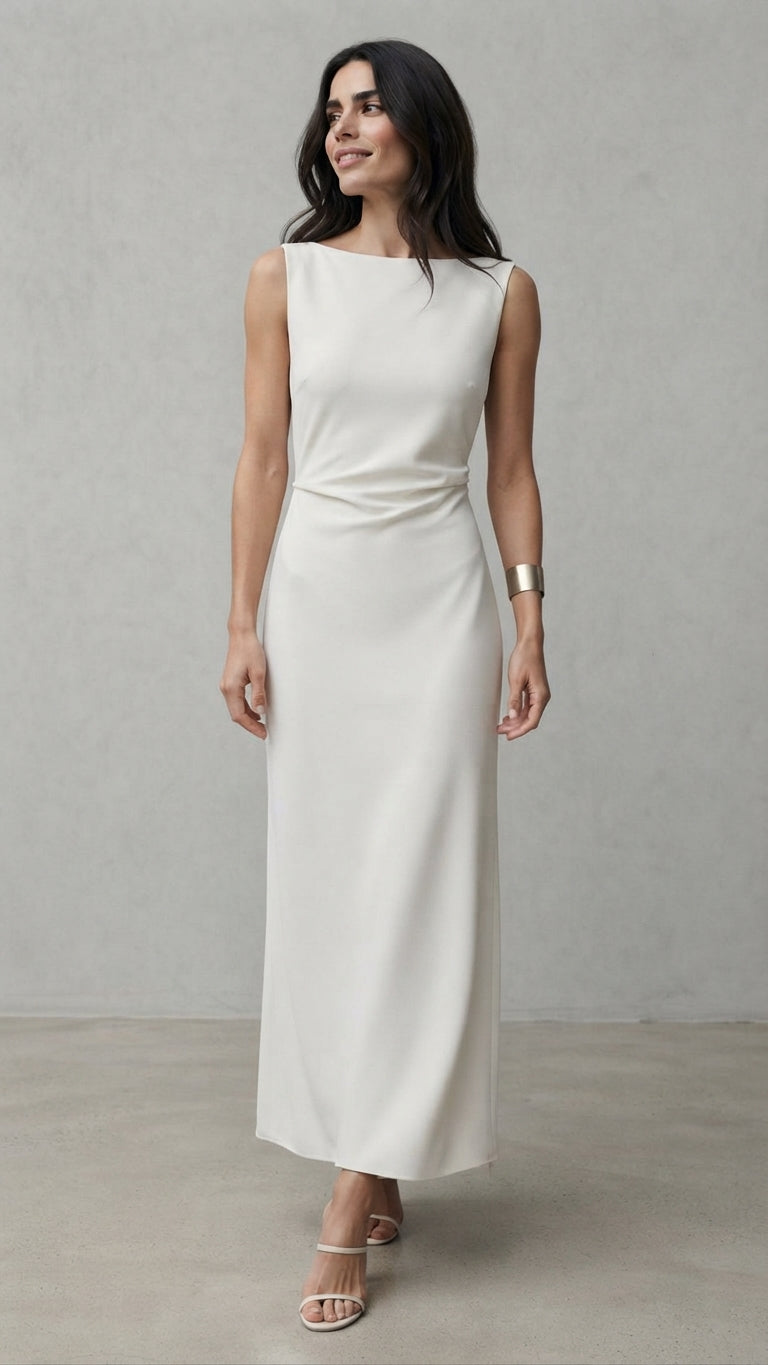 Vestido de novia largo minimalista sin mangas con escote barco y sutil drapeado en la cintura de la Colección Alma - Boda Civil.
