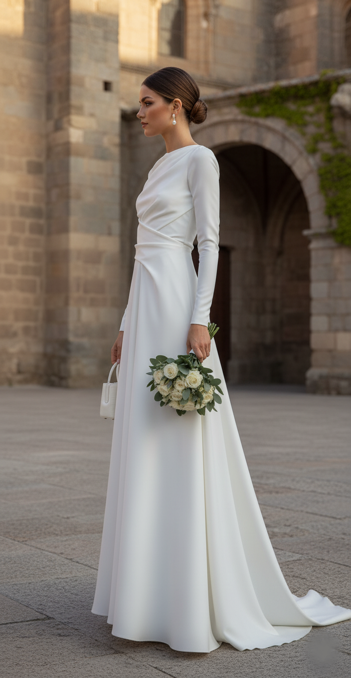 Diseño bridal con estructura definida y silueta envolvente, confeccionado artesanalmente.