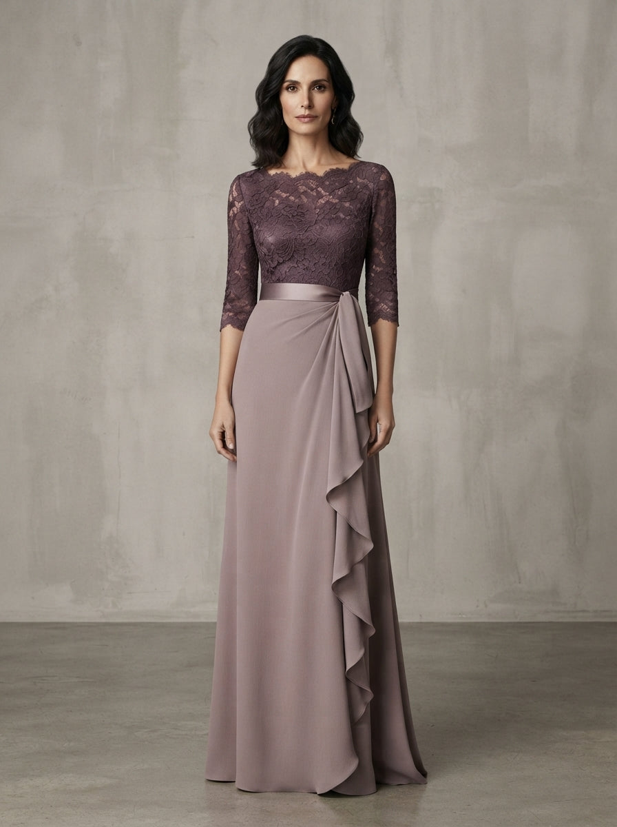 traje madrina con encaje color morado