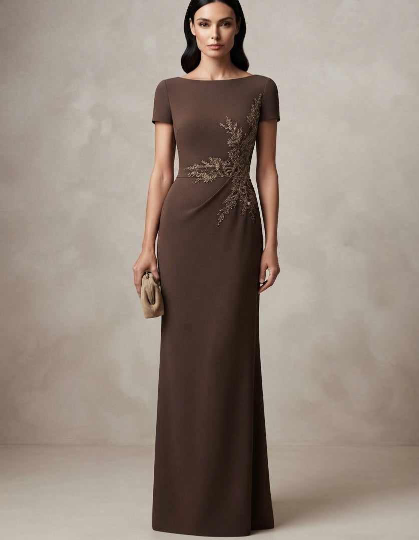 traje fiesta alta costura marrón con apliques