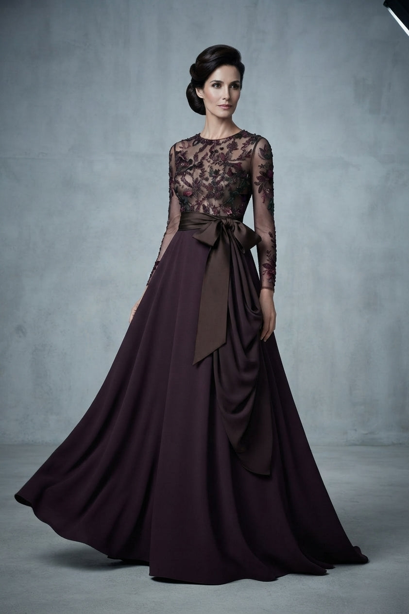 traje madrina con encaje y vuelo marron