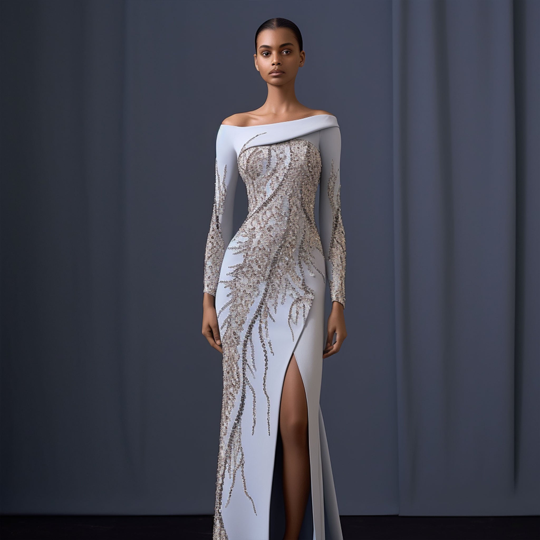 Vestido de alta costura en azul cielo con encajes delicados, cortes geométricos y pedrería bordada que evoca constelaciones luminosas.