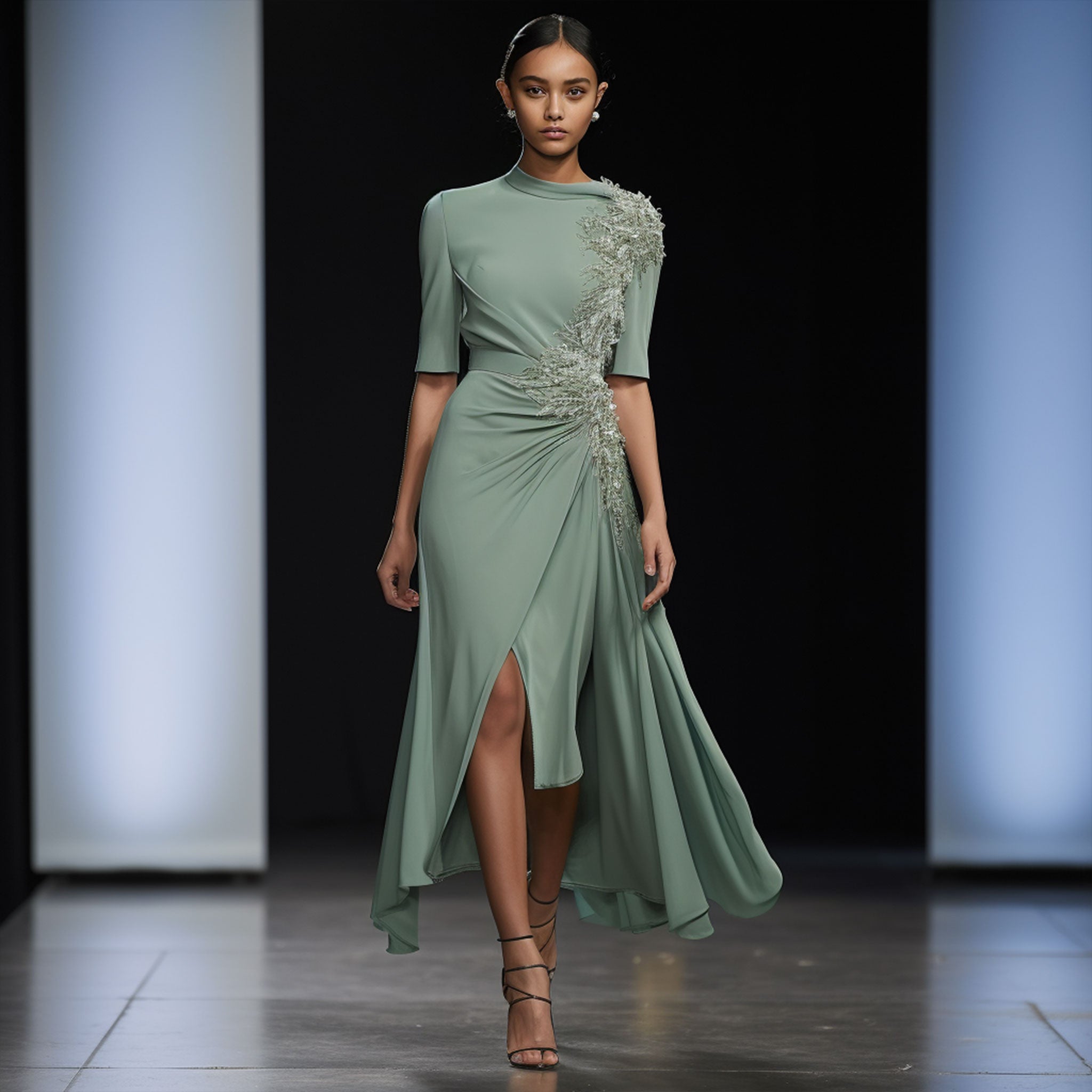 Vestido de madrina de alta costura con silueta elegante y tejidos nobles, diseñado para ceremonias de día con una presencia serena.