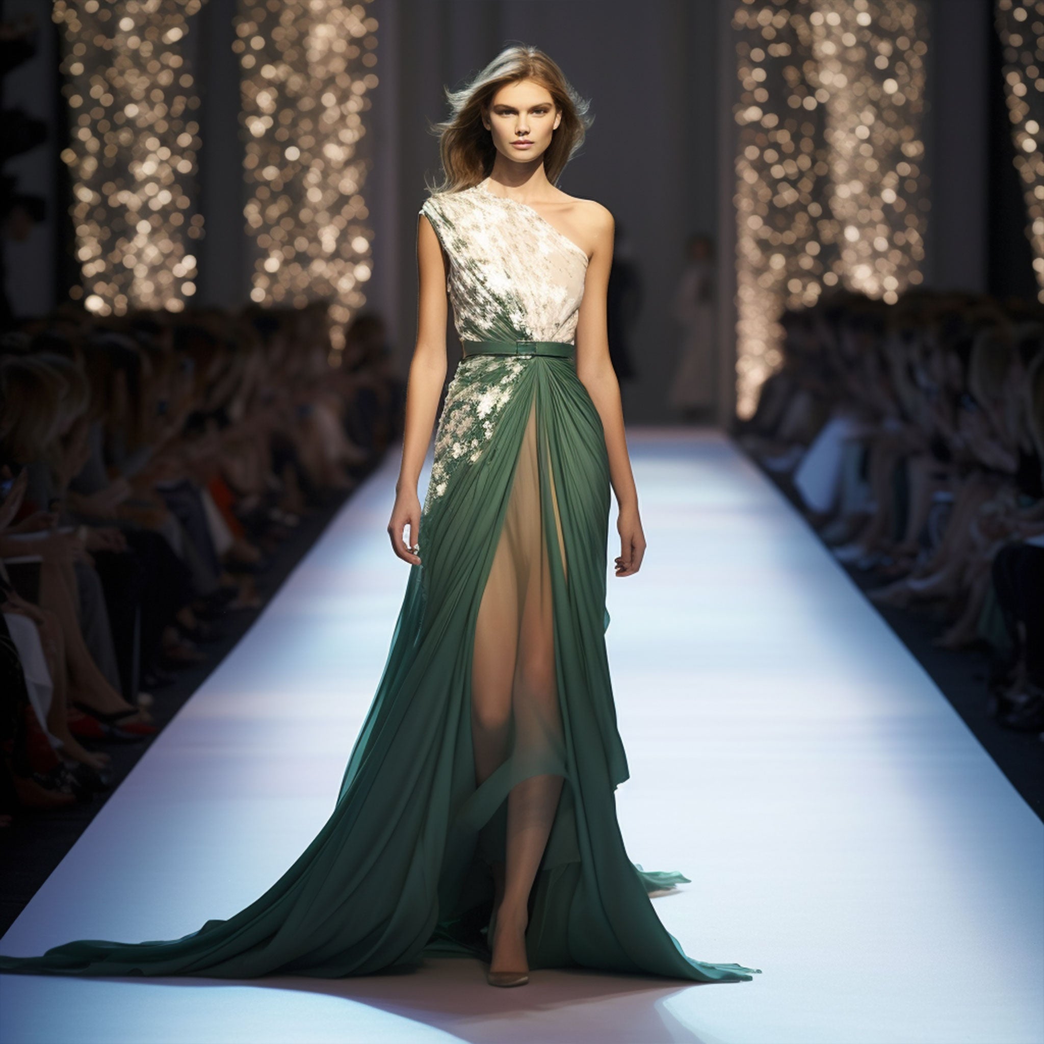 Vestido de alta costura Masum Karimi inspirado en las sombras naturales de un jardín secreto, con líneas elegantes y acabados artesanales.