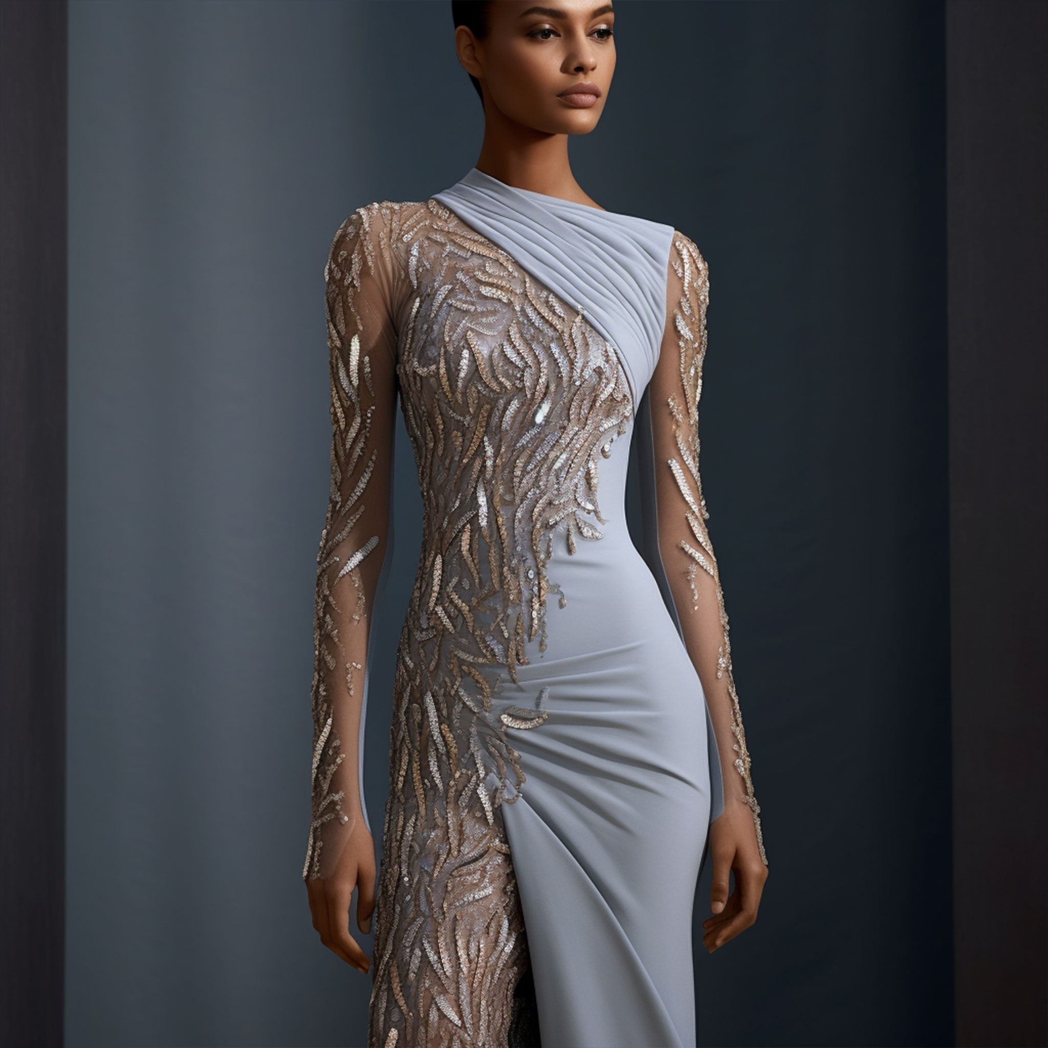 Diseño exclusivo Masum Karimi con estructura geométrica y encaje artesanal en tonos azul cielo, inspirado en la serenidad del cielo abierto.