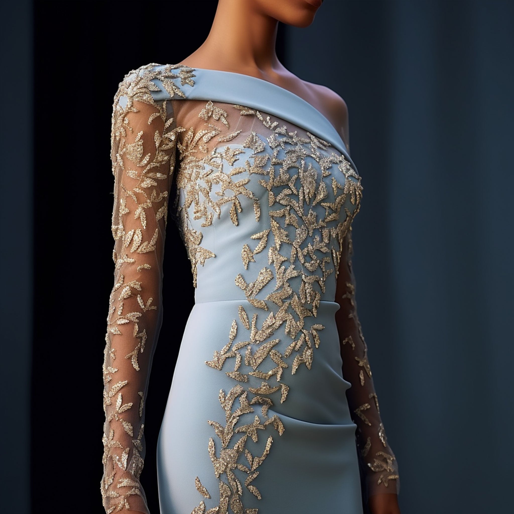 Creación de alta costura confeccionada en el atelier de Madrid, donde el azul cielo y la pedrería evocan ligereza y elegancia atemporal.