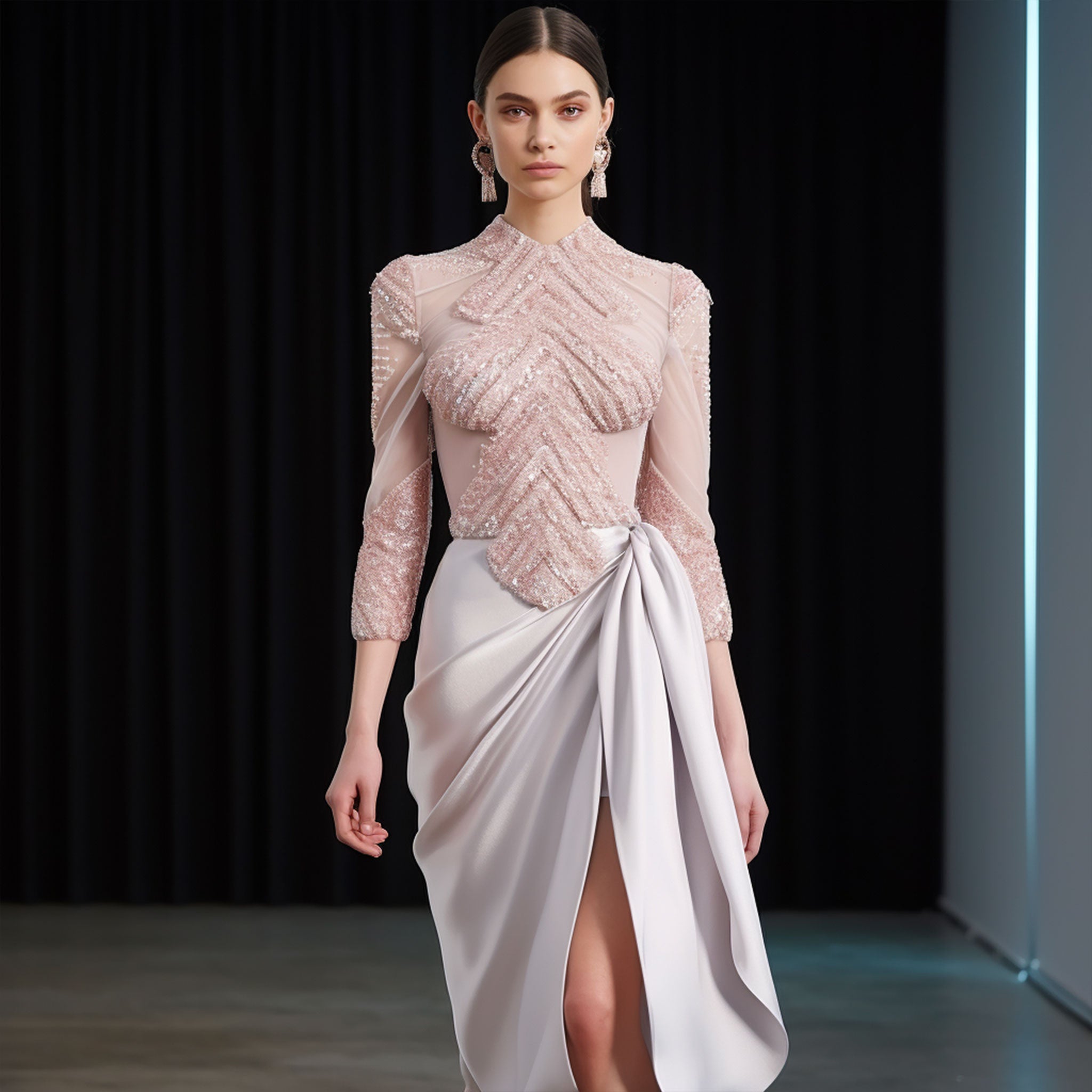 Creación exclusiva Masum Karimi con influencias naturales, pensada para una mujer segura y sofisticada.