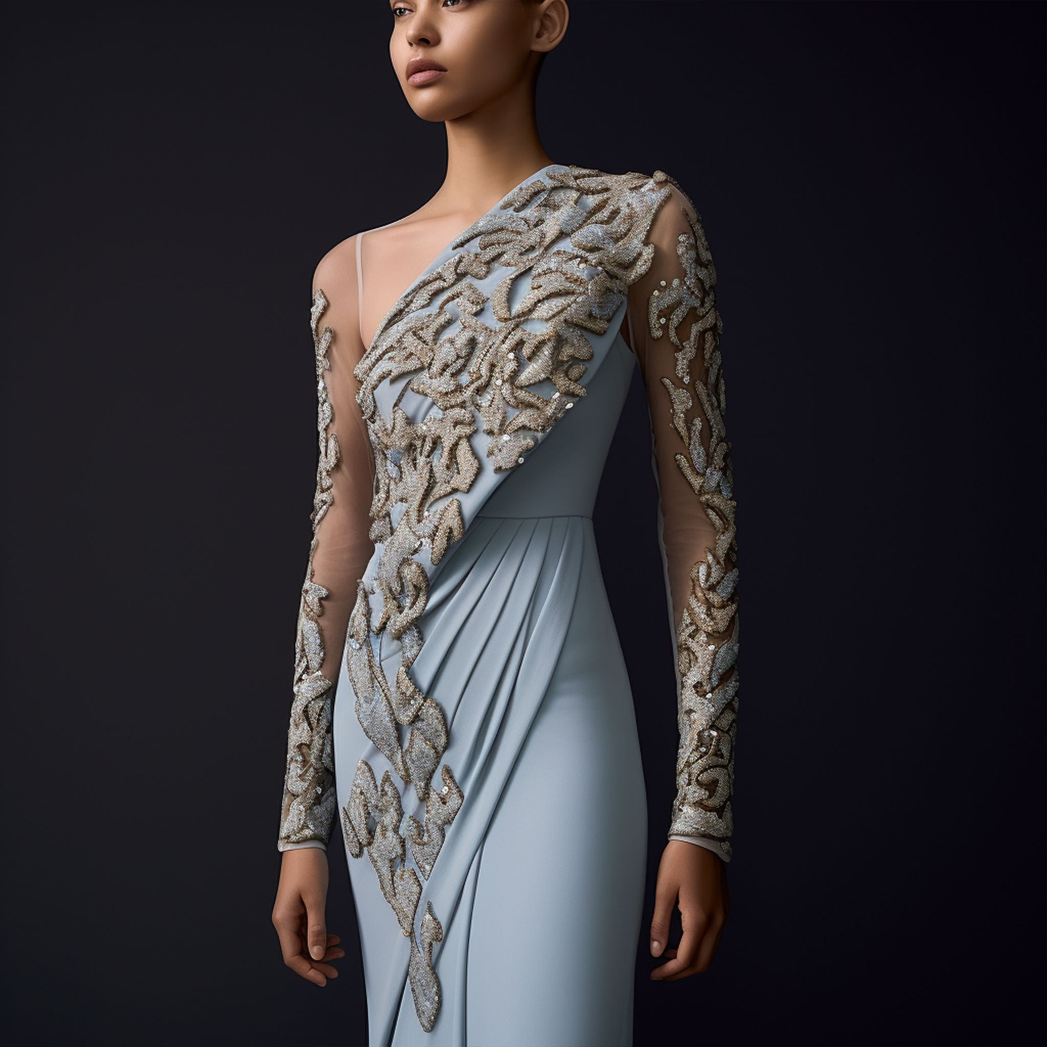 Vestido de lujo en azul cielo con cortes precisos y bordados luminosos, pensado para realzar la feminidad con sutileza y fuerza.
