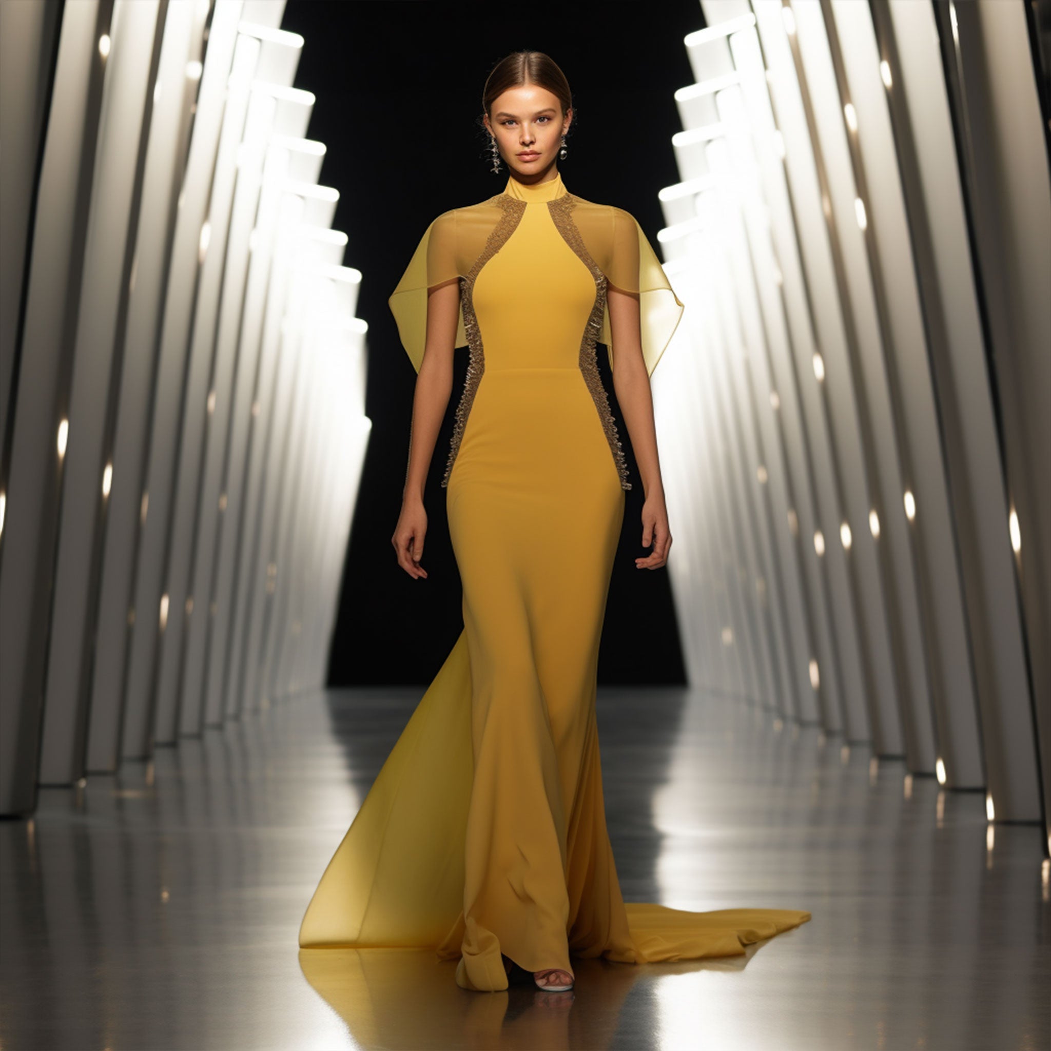 Vestido couture que captura la esencia de la naturaleza en sombras, texturas y movimiento.