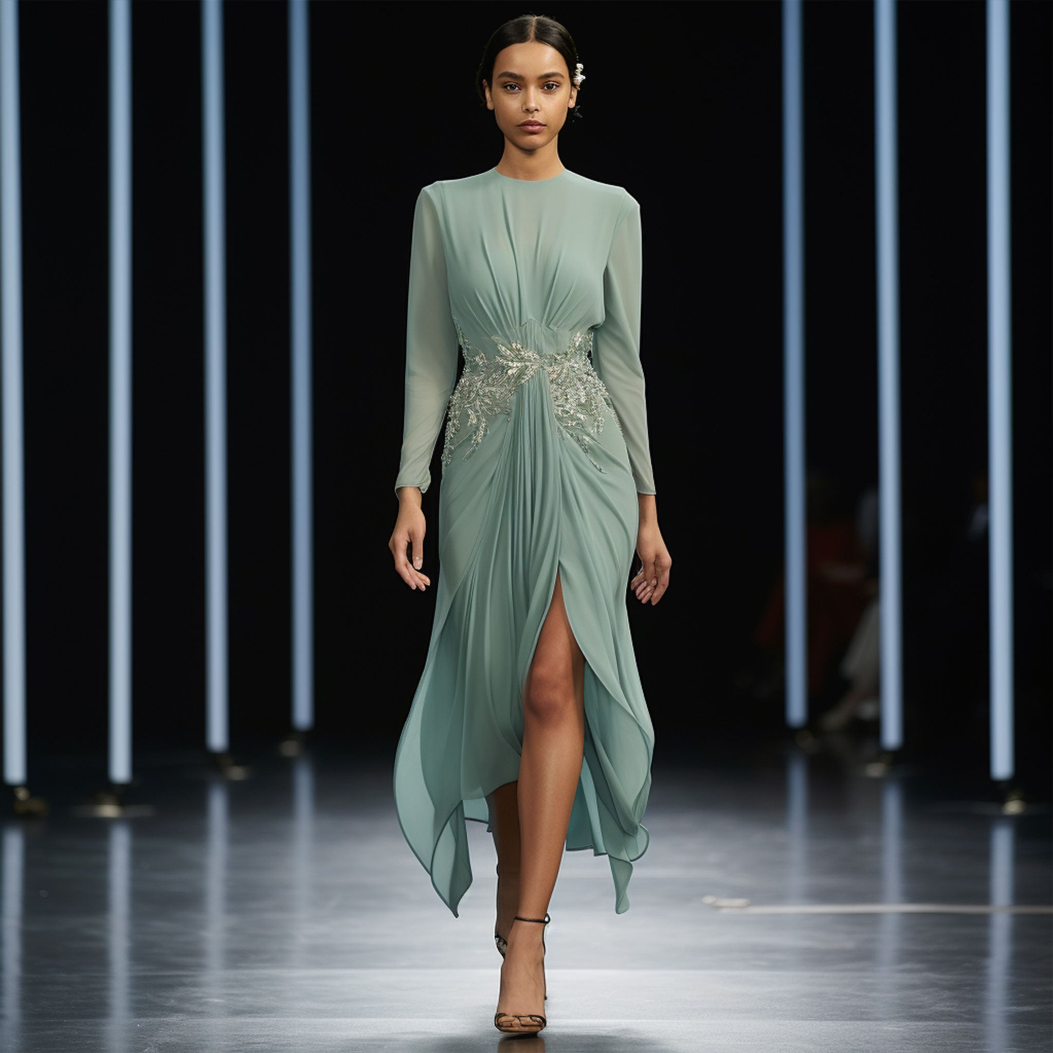 Vestido midi para madrina con estructura precisa y caída fluida, ideal para bodas de día con elegancia discreta.
