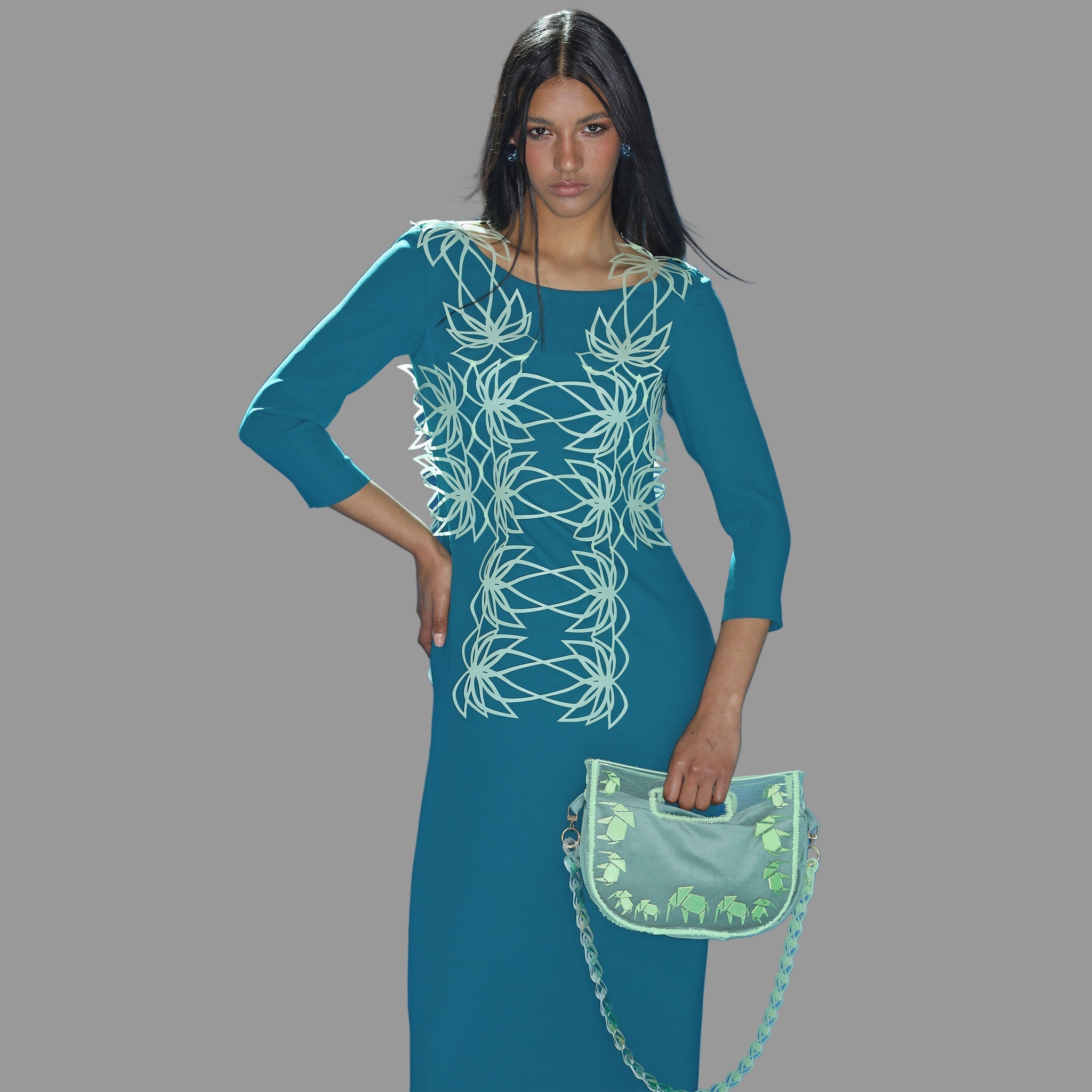 Vestido Midi Azul Petróleo · Cuello Barco & Pinza de Novia - Masum Karimi