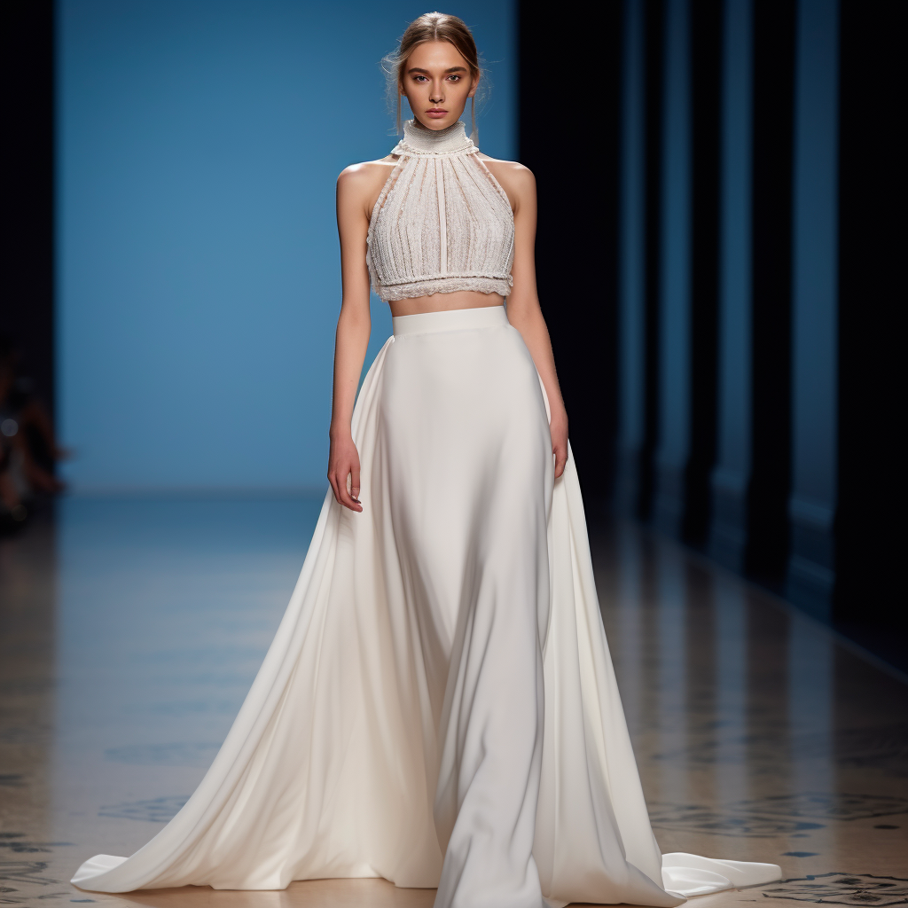 Creación bridal con silueta poderosa y estética sofisticada.