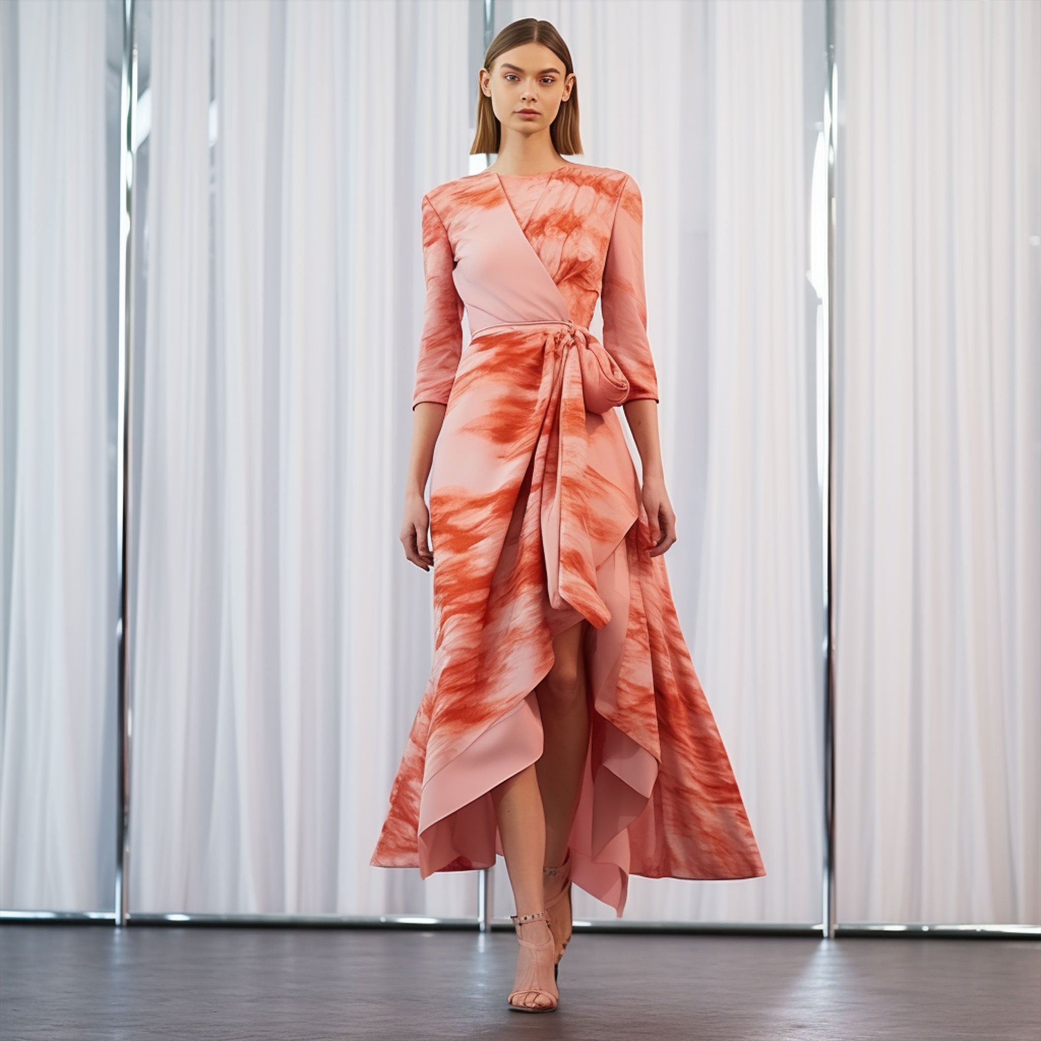 Vestido de madrina realizado a medida, con tejidos nobles y acabados de alta costura.